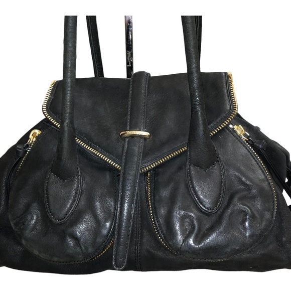 Botkier Black Leather Gold Hardware Zipper Accent Satchel Shoulder Bag - Picture 2 of 16